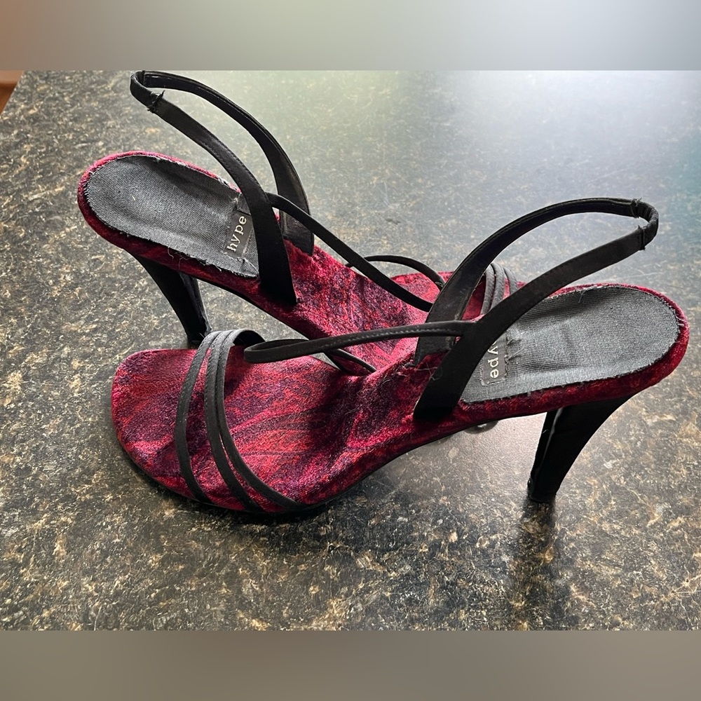 Strappy satin stiletto evening shoes.